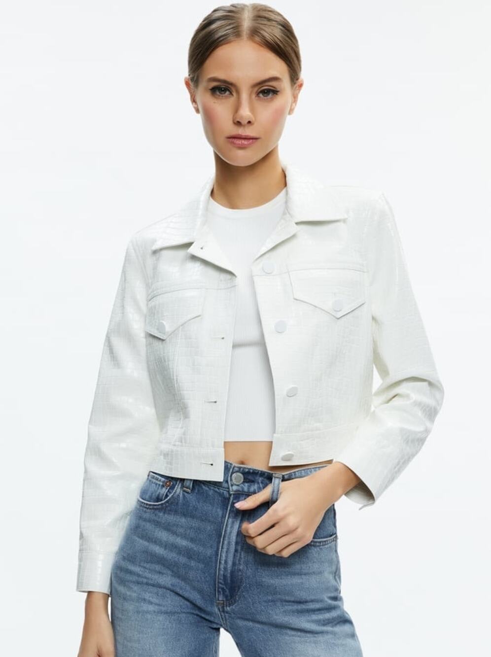 ALICE + OLIVIA Chloe Croc-Effect Faux Leather Crop Jacket Sz SP
